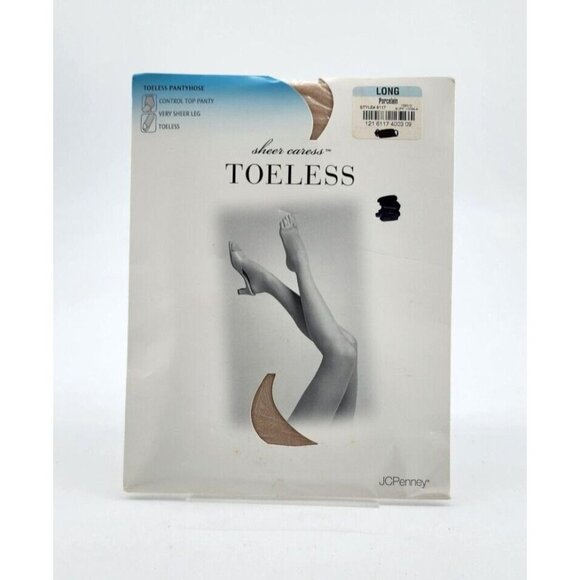 x2 JC Penney Sheer Caress Control Top Toeless Pantyhose Porcelain Size Long - Picture 6 of 9